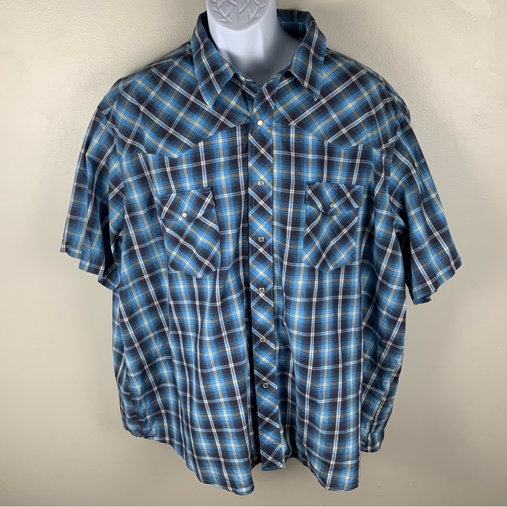 Wrangler‎ Western Shirt Mens 3XL XXXL Pearl Snap Short Sleeve Dual Pockets Plaid